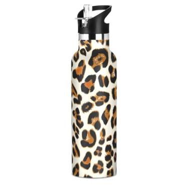 Imagem de Garrafas de água isoladas de aço inoxidável de 590 ml com tampa de canudo para bebidas frias ou quentes, copos de viagem leopardo preto marrom bege à prova de vazamento sem BPA para crianças, meninos