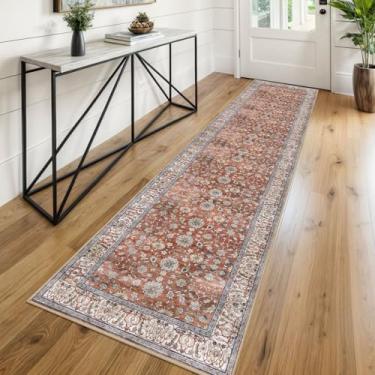 Imagem de KUTA Tapete vintage lavável, tapete de terracota 5,8 x 20,3 cm para corredores, antiderrapante, tapete de cozinha ultrafino, macio, estampado, oriental, floral, para lavanderia, quarto, sala de estar