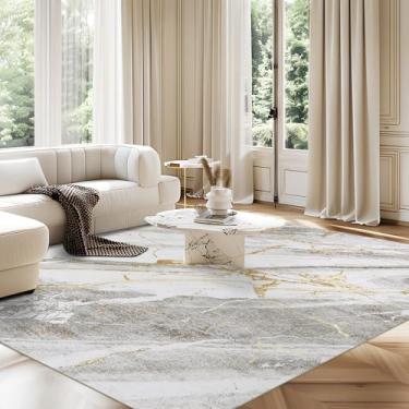 Imagem de HOMBYS Tapete de área de mármore moderno de 2,7 x 3,6 m para sala de estar e quarto, tapete abstrato grande para sala de jantar, decoração de casa, cáqui, lavável na máquina