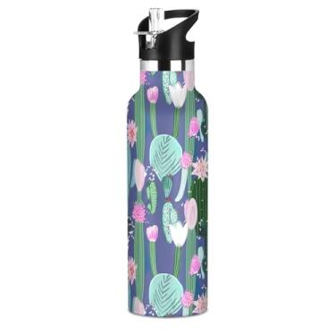 Imagem de Garrafas de água isoladas de aço inoxidável de 590 ml com tampa de canudo para bebidas frias ou quentes, cacto verde, flores rosa, azul, parede dupla, vácuo, livre de BPA, copos de viagem para meninos