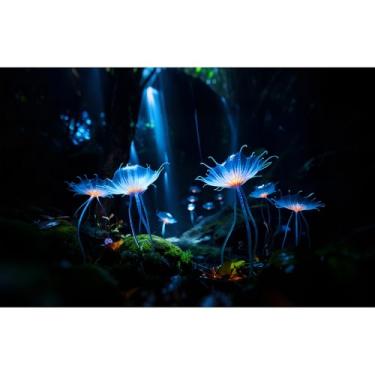 Imagem de Cena de floresta sonhadora fundo de aquário misterioso translúcido pétalas azuis fundo de aquário encantado coberto de musgo fundo de terrário feixes de luz flores brilhantes fundos 182 x 61 cm