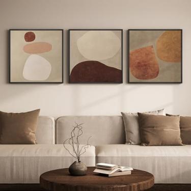 Imagem de Arte de parede abstrata neutra emoldurada grande para sala de estar, 3 peças de arte em tela marrom bege moderna para paredes, arte de parede quadrada em forma de pedra minimalista para decoração de