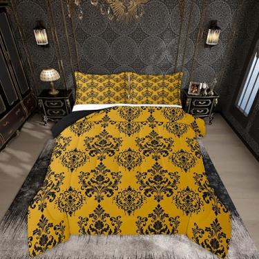 Imagem de jejeloiu Conjunto de edredom com estampa floral para todas as estações, conjunto de cama com 2 fronhas, boêmio, estampa damasco, microfibra, roupa de cama Queen, amarelo e preto, edredom respirável