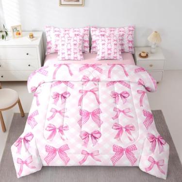 Imagem de Erosebridal Conjunto de edredom solteiro com laço rosa, 7 peças para meninas e crianças, lindo conjunto de cama com laço rosa, laço rosa princesa, cama xadrez rosa em uma bolsa com lençol de elástico,