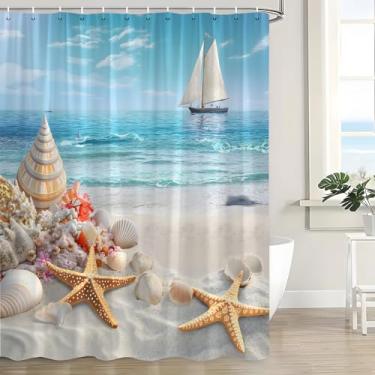 Imagem de JWJAMM Cortina de chuveiro oceânica, praia, náutica, litoral, havaiana, veleiro, conchas do mar, azul, cenário de verão, tecido de verão, cortina de banho com gancho, 187 x 178 cm