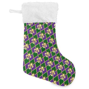 Imagem de Happy Mardi Gras Meia de Natal 45,7 cm Flor de Lis Dourado Verde Roxo Buffalo Xadrez Grande Meias de Natal para Família, Decorações de Festa de Natal Presente
