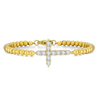 Imagem de Pulseira feminina com cruz de pedra do mês de nascimento, banhada a ouro 14 k, delicada, de aço inoxidável, zircônia cúbica, contas de fé, ajustável, moderna, joia de presente, Large, Aço inoxidável