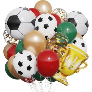 Imagem de Conjunto de balões de bola de futebol, 26 peças, troféu de ouro verde vermelho para decoração de festa temática de futebol, aniversário, esportes (vermelho verde dourado)