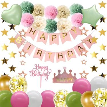 Imagem de Conjunto de decorações de festa de aniversário verde sálvia com pompons de papel de seda, balões de oliva, faixa de feliz aniversário, coroa para celebração temática de princesa, suprimentos de festa