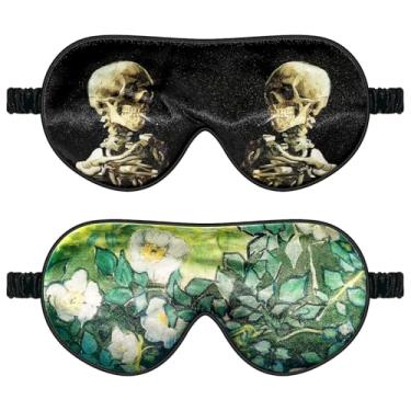 Imagem de 2 Máscaras de dormir de seda com faixa elástica, faixa de cabeça, sem pressão para pálpebras e cílios, para dormir à noite, viagens e cochilos (Van Gogh Girassóis e íris)