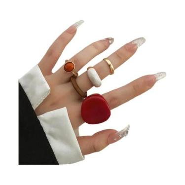 Imagem de Conjunto De Anéis Femininos Modernos Em Resina Vermelha Esmaltada E Ma