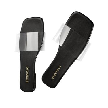 Imagem de OYOANGLE Sandálias femininas transparentes, quadradas, abertas, de couro poliuretano, sandálias deslizantes, transparentes, para uso ao ar livre, Preto, 35 BR