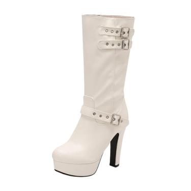 Imagem de Botas femininas de cano médio com fivela de cinto e plataforma impermeável outono inverno casual confortável salto alto grosso 12 cm, Branco, 38