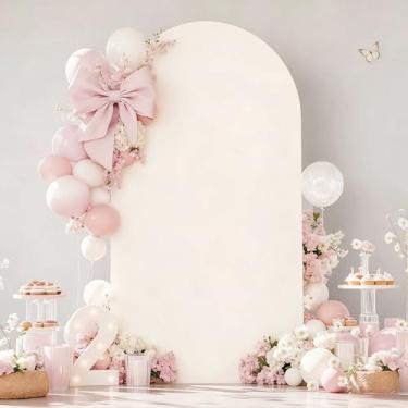 Imagem de Capa de fundo de arco creme de 1,8 m – Capas de poliéster ajustadas para arco de casamento de topo redondo Chiara Arch Capa de fundo para decoração de festa de aniversário, banquete, foto de fundo
