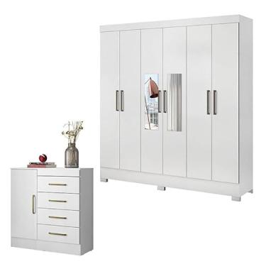 Imagem de Cômoda MontevidÃ:copyright:u e Guarda Roupa Casal Prático Branco com Espelho - Demóbile