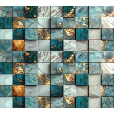 Imagem de Yenhome Papel de parede de mosaico geométrico artístico 43 cm x 38 cm, papel de parede com padrão de mármore, descasque e cole luxuoso, azul-petróleo e dourado, para banheiro, cozinha, papel de