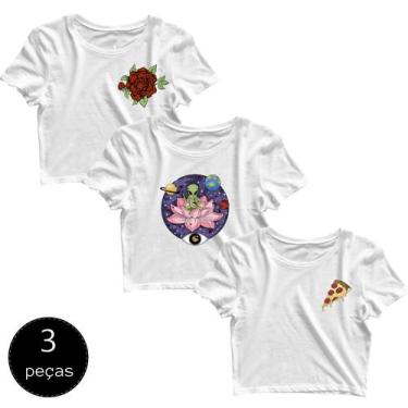 Imagem de Kit com 3 Blusinhas Cropped Blusa Tshirt Camiseta Feminina Pizza Rosas