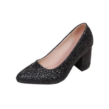 Imagem de Salto alto feminino casual confortável plus size strass lantejoulas bico fino salto bloco PU superior, Preto, 38