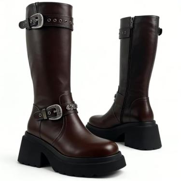 Imagem de Greemarliy Botas femininas com plataforma grossa na altura do joelho - couro preto com tiras de fivela dupla, salto alto grosso, bico redondo, Marrom, 38