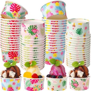 Imagem de Ninehaoou 60 peças de copos de papel para sorvete, tigelas de flamingo, descartáveis a granel, para sobremesa, tropical, lanche, tigelas havaianas para lanche de verão, sorvete, festa, aniversário,