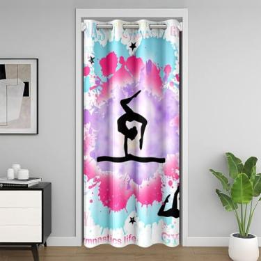 Imagem de Cortina de entrada de ginástica, cortina de porta de armário para meninas amantes de ginástica para quarto, cortina de escurecimento de quarto com silhuetas de ginástica rosa azul tie dye, L 86 x C80
