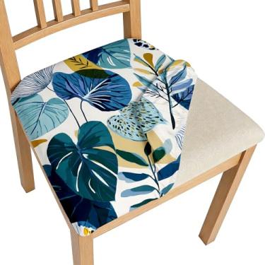 Imagem de BVBOX Conjunto de 4 capas de assento para cadeiras de sala de jantar elásticas multiestilos capas de cadeira de jantar laváveis removíveis protetores de assento (folhagem azul moderna, conjunto com 4)