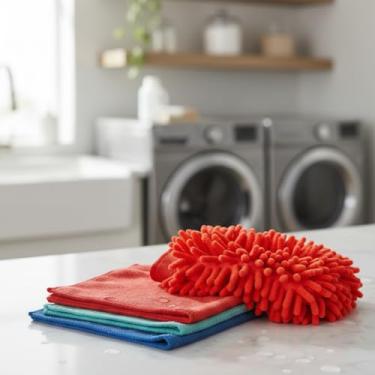 Imagem de Pano Microfibra Anti-risco Kit Com 3 Mais Luva De Microfibra Ideal Limpeza Pia Vidros Moveis Automóvel