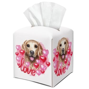 Imagem de Capa de caixa de lenços de papel de cachorro fofo quadrado amor coração couro suporte para decoração de dia dos namorados para mesa, cozinha, carro, banheiro, quarto, escritório, presentes para