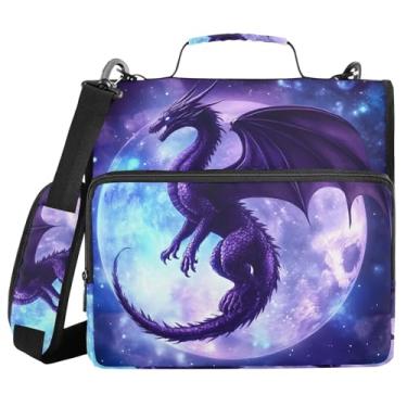 Imagem de Fichário de 3 anéis com zíper com alça de ombro, dragão e lua, fichários de 3,8 cm, grande capacidade, vários bolsos para material de escritório escolar