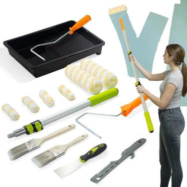 Imagem de Kit de rolo de pintura de 15 peças com haste de extensão de 5 a 10 cm, rolos de tinta de 10 cm, capas de rolo de microfibra, bandeja de pintura e pincéis para pintura profissional, rolo de pintura