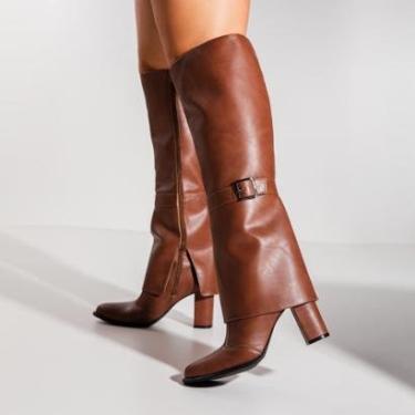 Imagem de Bota Feminina Elisa Casual Cano Longo Lapela Dobrada Com Fivela Bico Rendodo Salto Grosso Not-me-Feminino