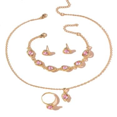 Imagem de FLORA Conjunto de colar brincos anel e pulseira em formato de coração conjunto de colar em formato de coração conjunto de colar em liga metálica moda feminina (DOURADO/ROSA)