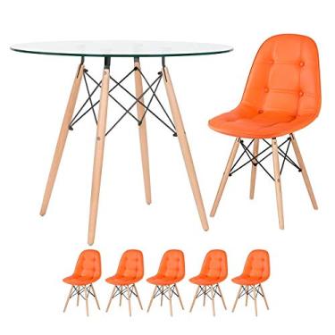 Imagem de Loft7, KIT - Mesa de vidro Eames 90 cm + 5 cadeiras Eames Botonê Laranja