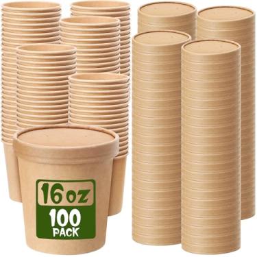 Imagem de Fulmoon Embalagem com 100 recipientes de sopa de papel com tampas, recipientes descartáveis para alimentos com tampa ventilada Kraft sorvete, bolo, sobremesa, copos de sopa, tigela para comida quente