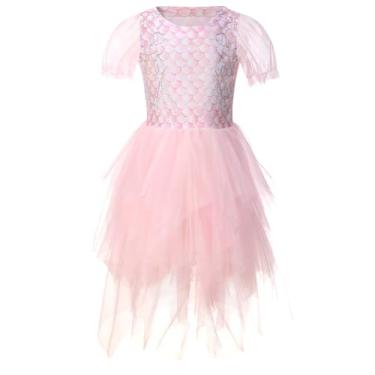 Imagem de Vestido de sereia, fantasia de sereia para meninas, vestido de tule de manga curta, rosa, 9-10 Anos