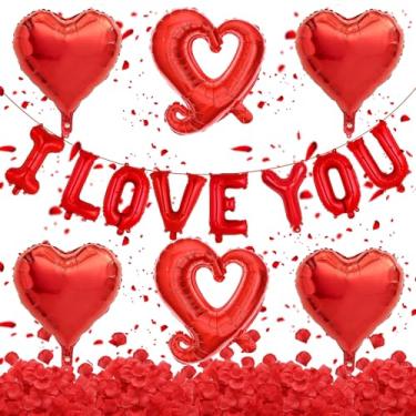 Imagem de Conjunto de balões de Dia dos Namorados I Love You com balões de coração e 500 pétalas de rosa, decorações românticas para casais e surpresa noturna especial