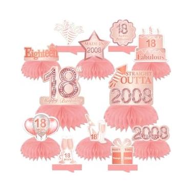 Imagem de Feliz aniversário de 18 anos mesa de centro de mesa de favo de mel balões tema decoração decoração de mesa topos de mesa para meninas mulheres doce princesa 18 anos rosa aniversário festa de