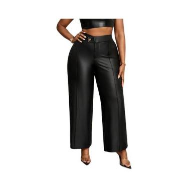 Imagem de Calças De Couro PU Pretas plus Size De Perna Larga Com Cintura Alta E 
