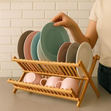 Imagem de Escorredor Pratos Dobrável Bambu Colher Louça Rack Organização Cozinha