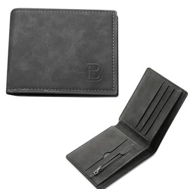 Imagem de Carteira masculina fina dobrável de couro sintético marrom com compartimentos para dinheiro e cartões, carteira fina e clássica de presente para ele, Preto, Minimalista