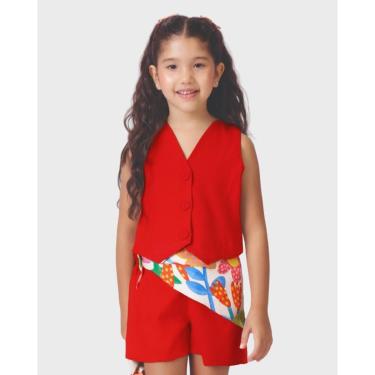 Imagem de Conjunto meninacolete shorts linho com lenço verão leve - OffWhite e Vermelho - Menina 4 a 14 anos-Feminino