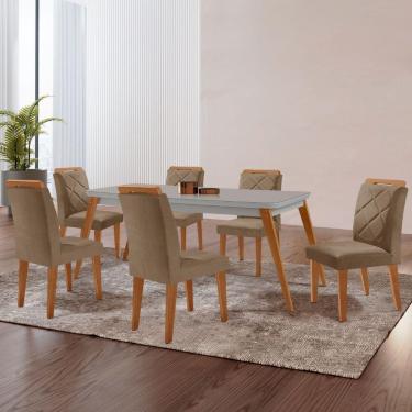 Imagem de Mesa Copper 180cm Mdf Vidro E 6 Cadeiras Melissa Vel Capuccino /off /naturale /serig Off Com Vidro