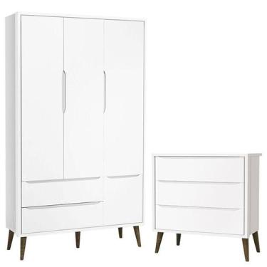 Imagem de Cômoda Infantil Gaveteiro e Guarda Roupa 3 Portas Theo Branco Acetinad