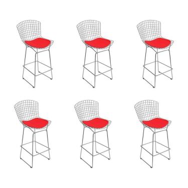 Imagem de Kit 6 Banquetas Bistrô Bertoia Cromada D70 Com Assento Sintético Vermelho