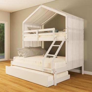 Imagem de Treliche Casal/ Solteiro Casinha Com Cortina Madeira Maciça Branco Megamobilia