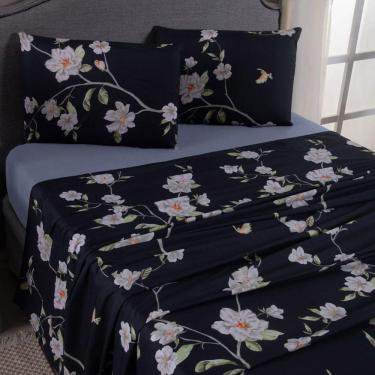 Imagem de Jogo De Lençol Mabele Queen 4 Peças Micro Percal 400 Fios Estampado Floral - Azul Marinho