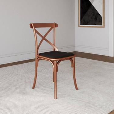 Imagem de Cadeira de Jantar Katrina Base em Aço com Assento Corano Preto para Sala Cozinha - Cobre/preto