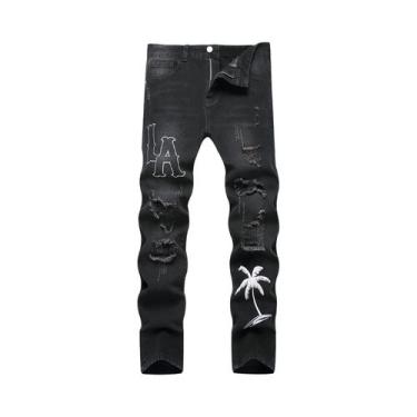 Imagem de Calças Jeans Pretas Masculinas Com Corte Reto E Cintura Média, Bordado