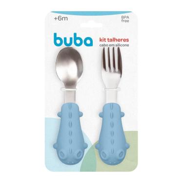 Imagem de Kit Talheres Colher e Garfo Cabo em Silicone Buba Dino Azul