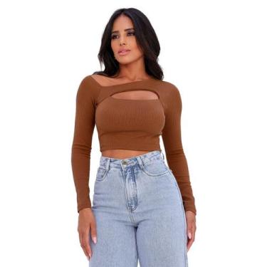 Imagem de Cropped Manga Longa Blusa Feminina Decote Vazado Blogueira - SWISS BOU